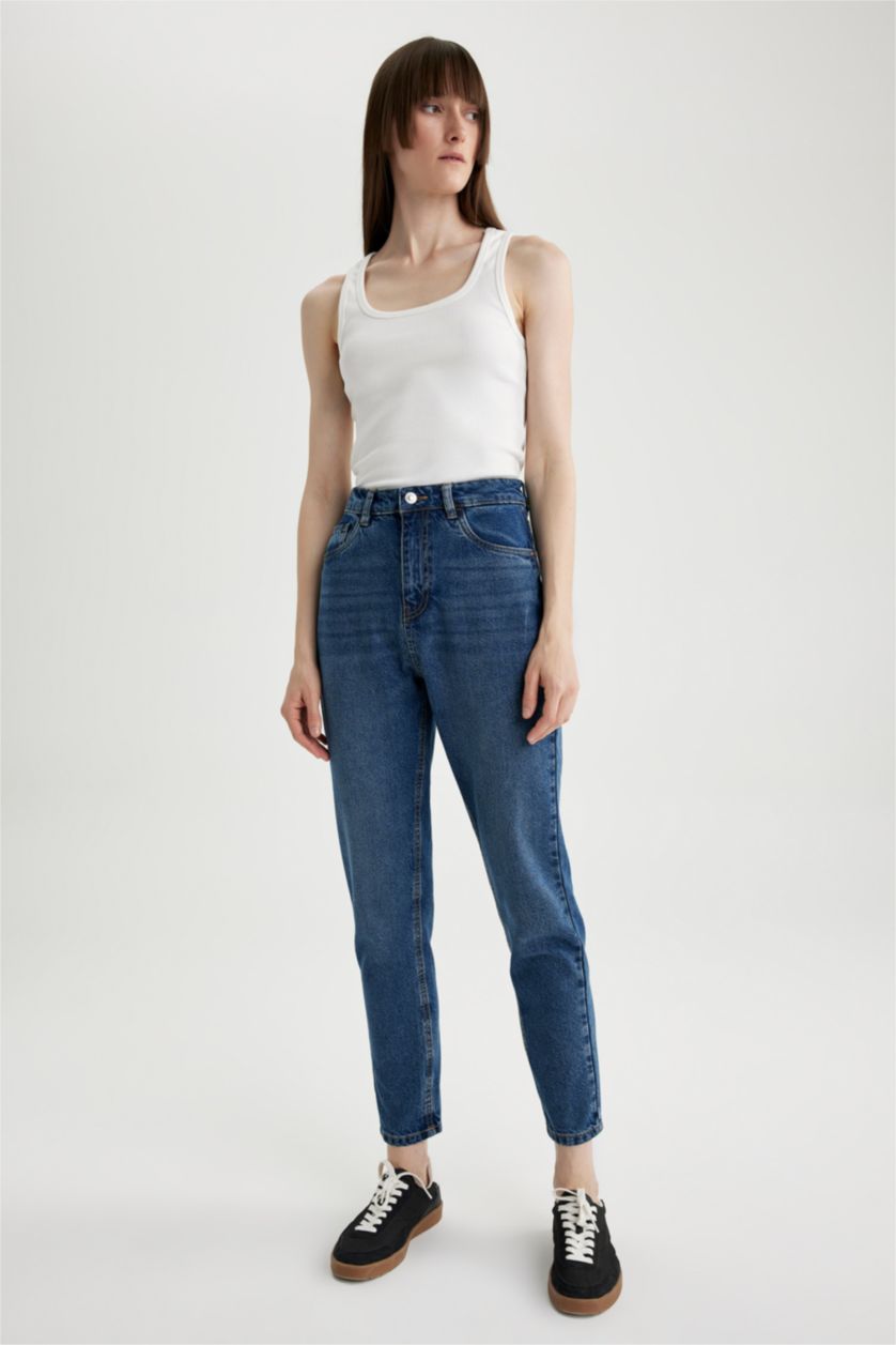 Әйелдерге қою көк мом пішімі джинсы Шалбар