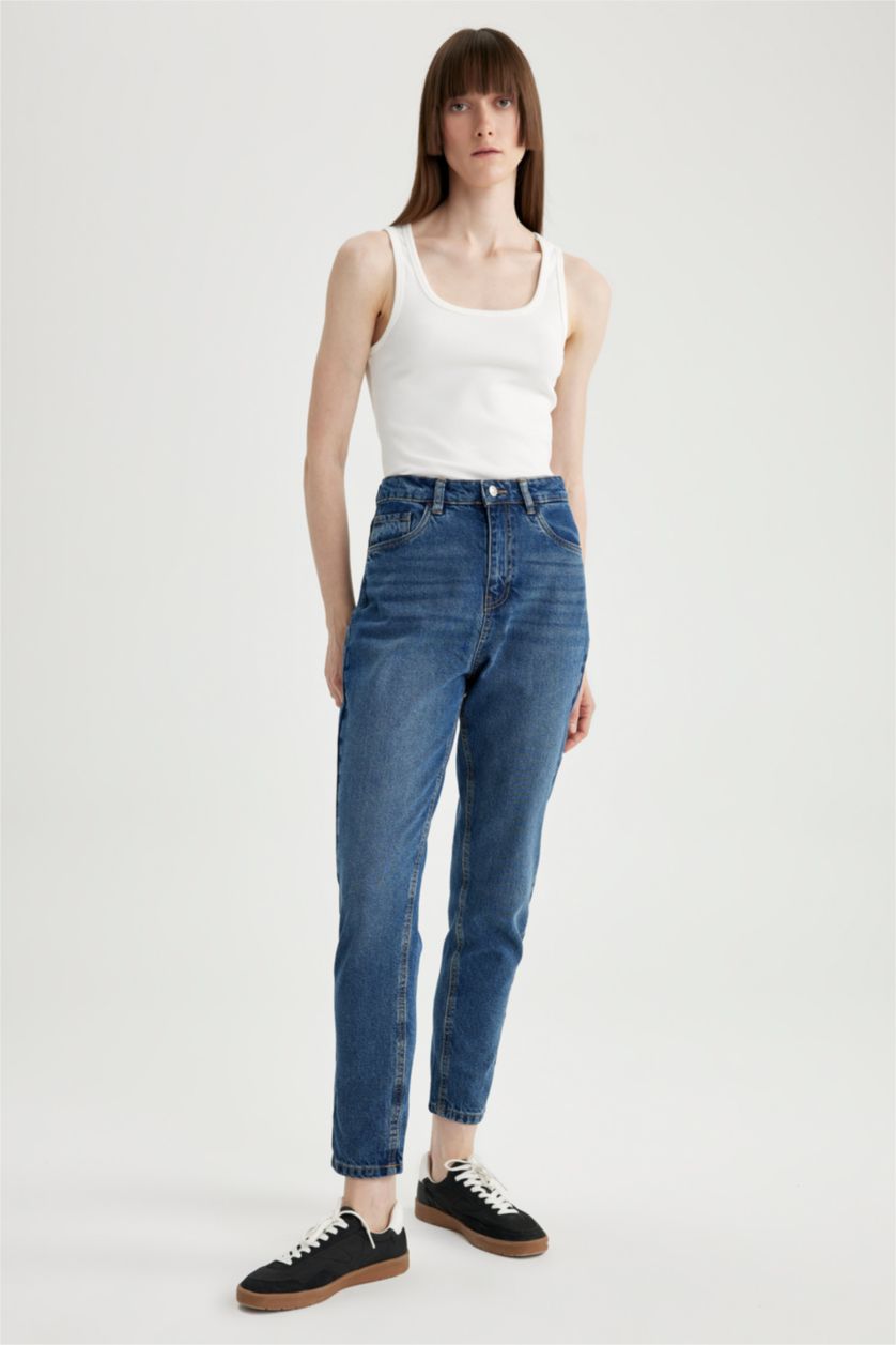 Әйелдерге қою көк мом пішімі джинсы Шалбар