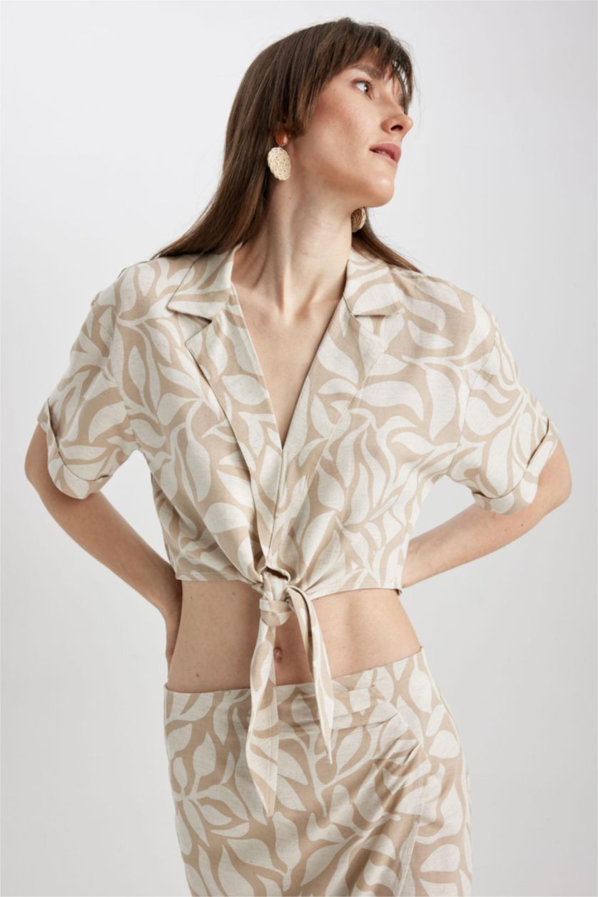 WOMAN Beige V Neck Fitted Short Sleeve Blouse