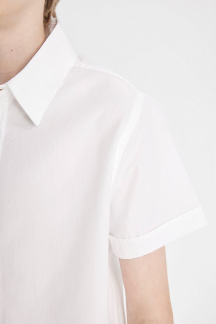 Erkek Çocuk - Genç Erkek Beyaz Polo Yaka Poplin Kısa Kollu Basic Düz Beyaz Okul Gömleği Erkek Çocuk