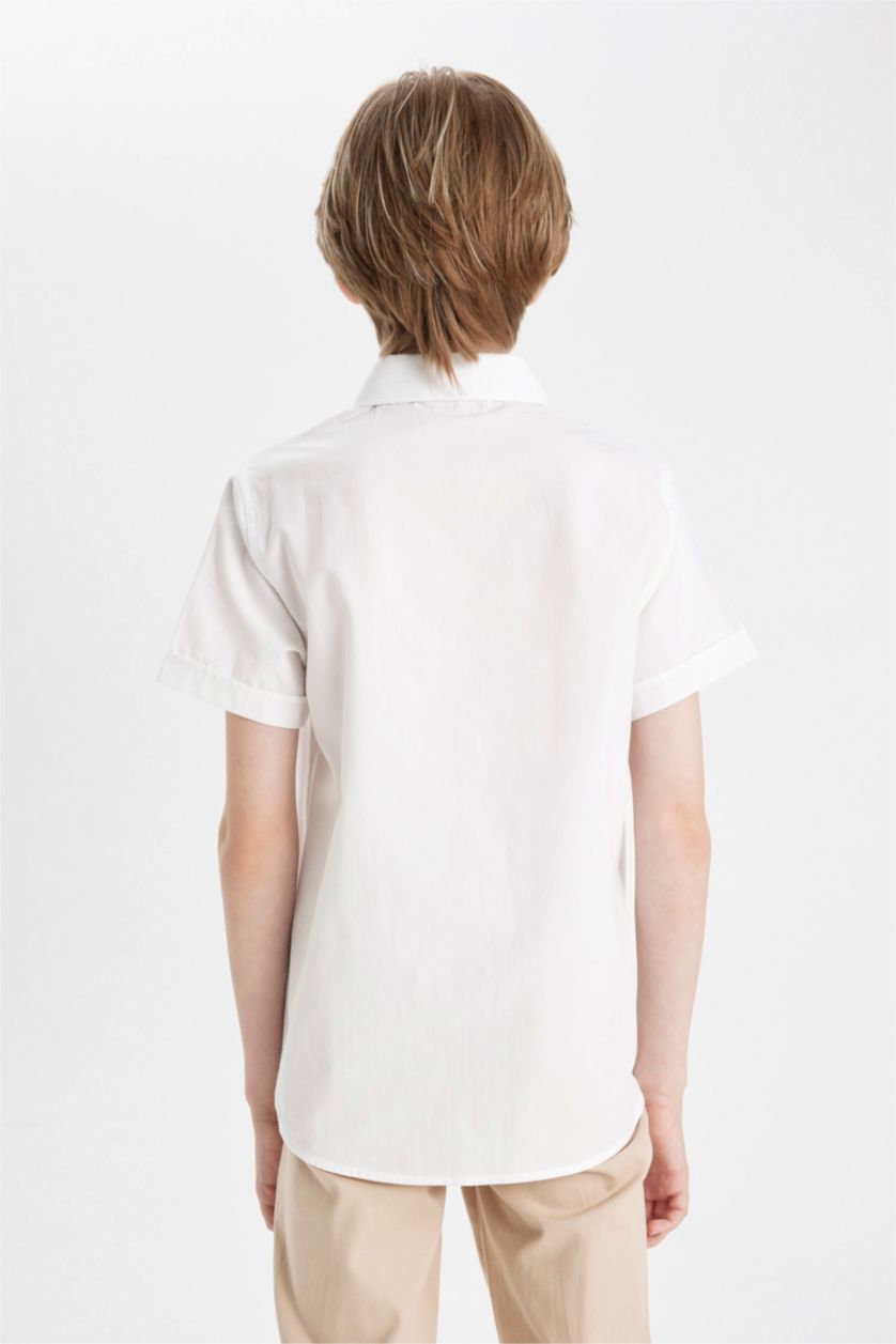 Erkek Çocuk - Genç Erkek Beyaz Polo Yaka Poplin Kısa Kollu Basic Düz Beyaz Okul Gömleği Erkek Çocuk