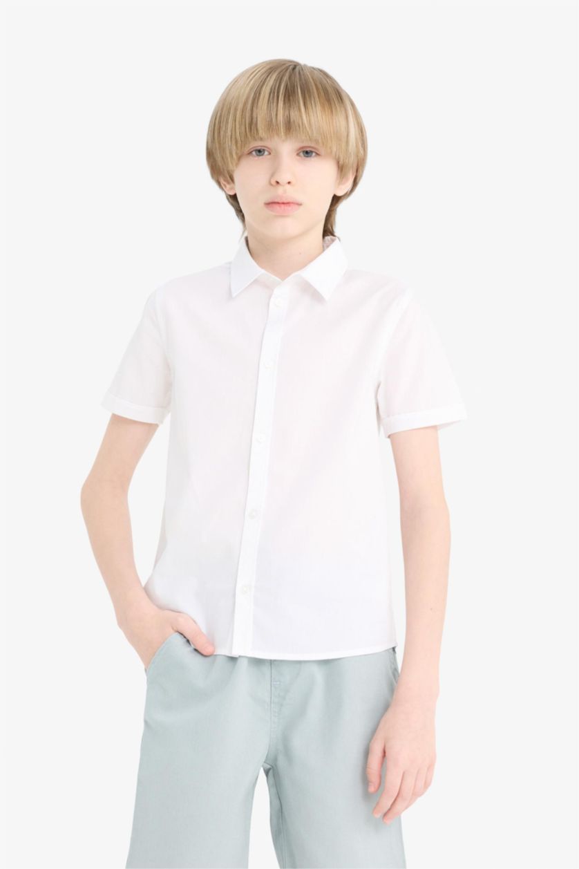 Erkek Çocuk - Genç Erkek Beyaz Polo Yaka Poplin Kısa Kollu Okul Gömleği Erkek Çocuk