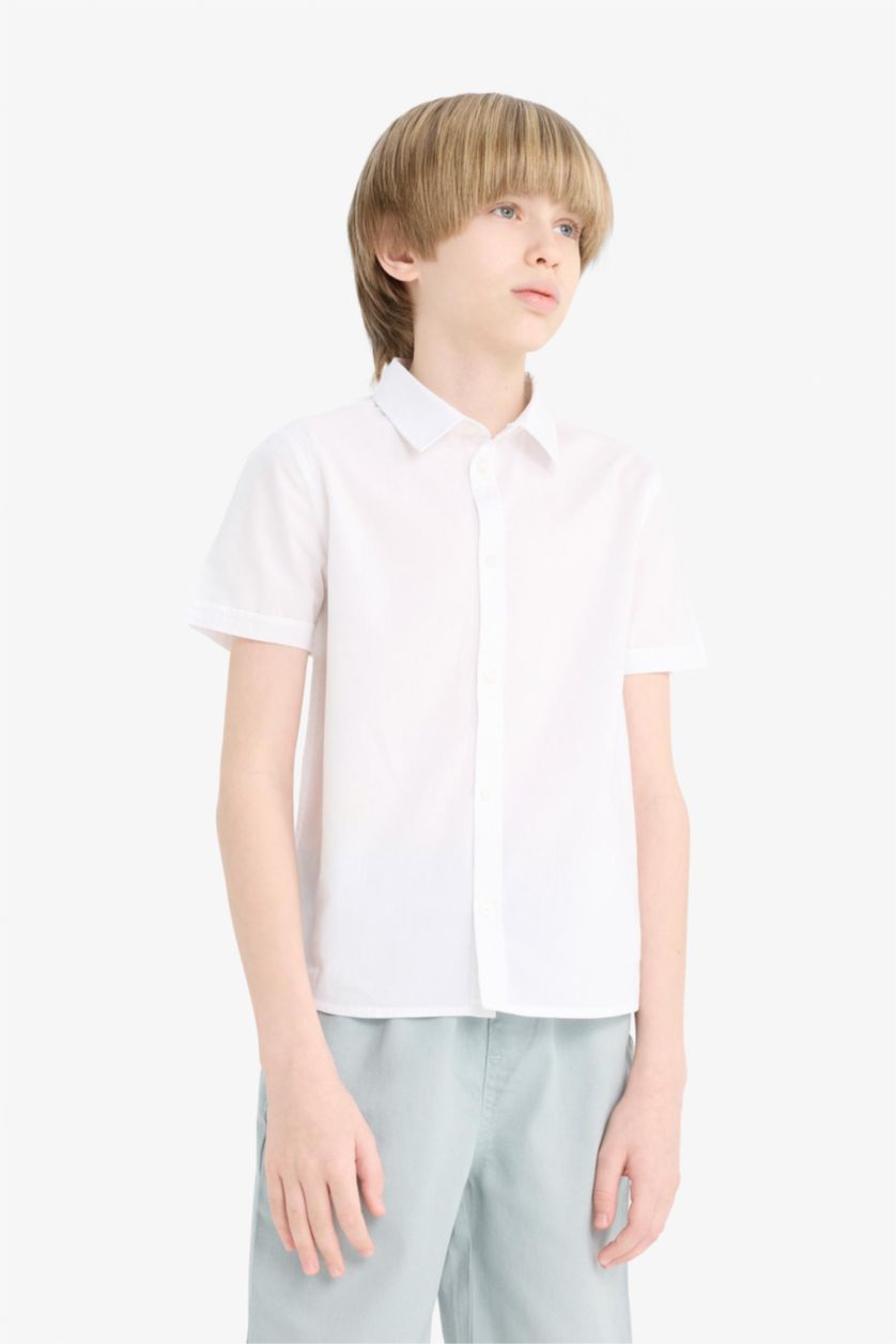 Erkek Çocuk - Genç Erkek Beyaz Polo Yaka Poplin Kısa Kollu Okul Gömleği Erkek Çocuk