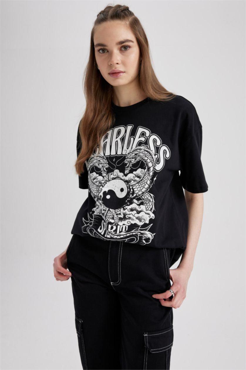 Женщины Черный Футболка оверсайз с принтом, Coool