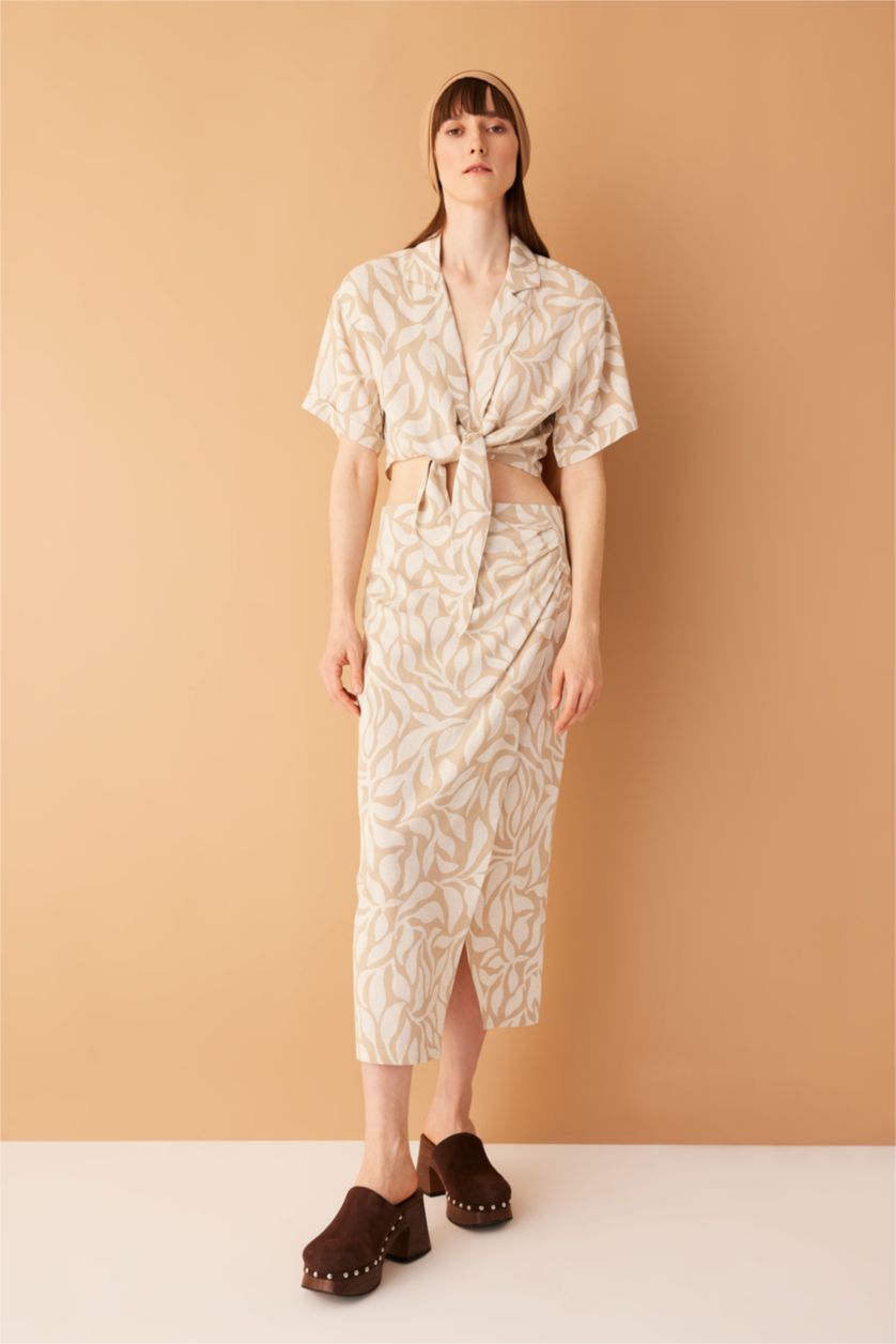 WOMAN Beige Printed Normal Waist Linen Blend Midi Skirt