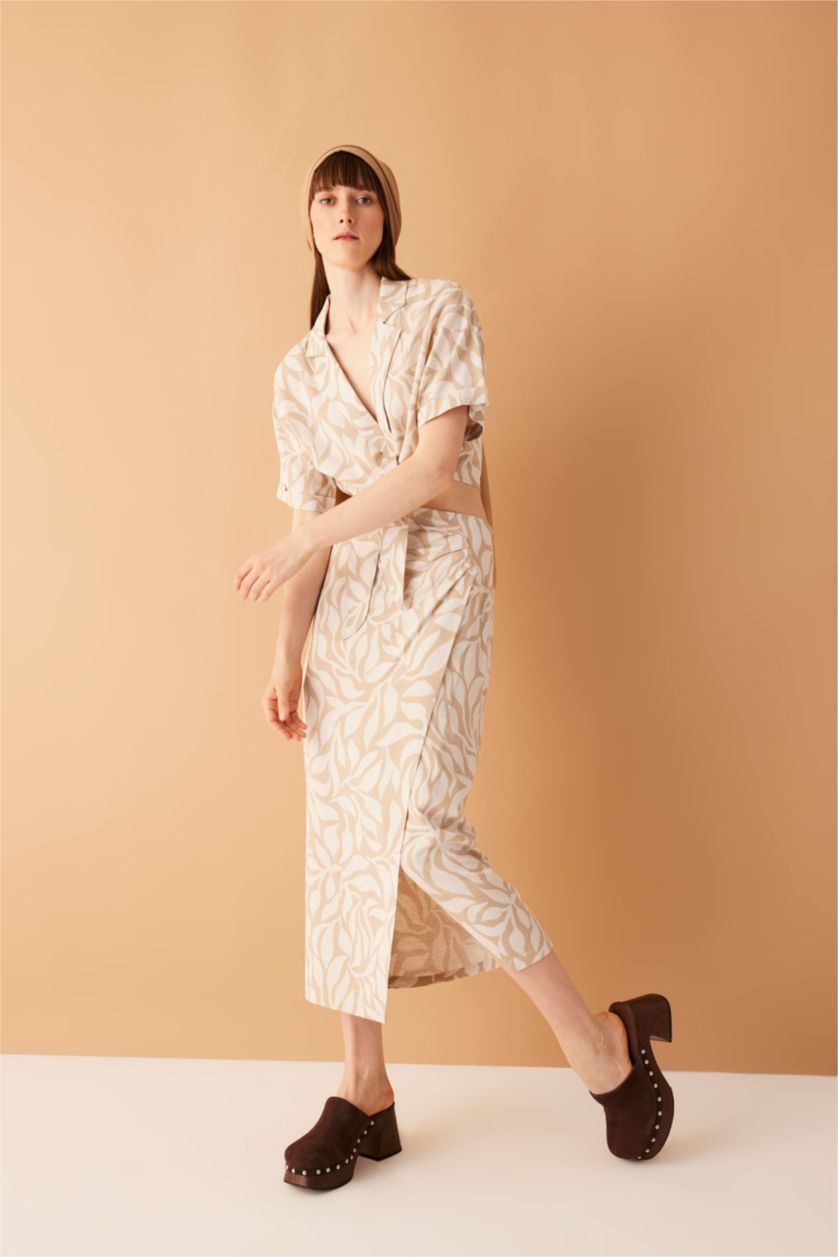 WOMAN Beige Printed Normal Waist Linen Blend Midi Skirt