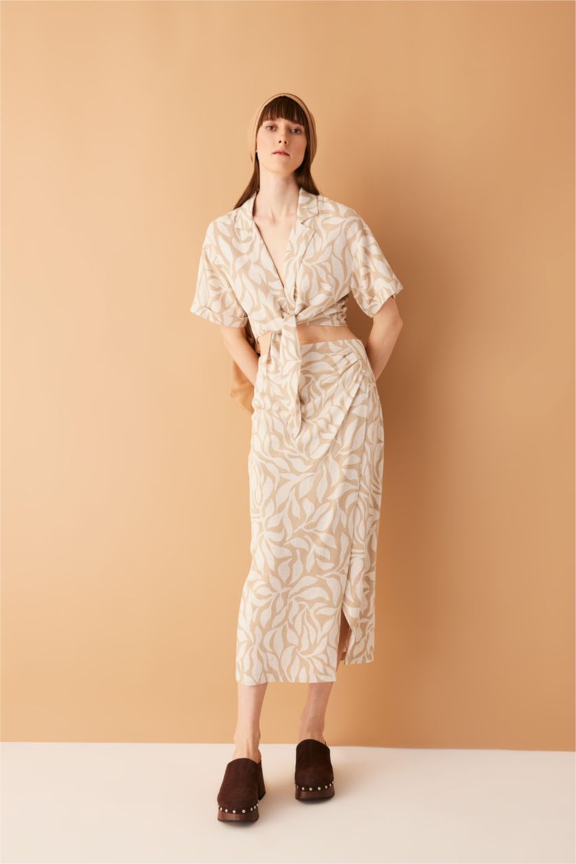 WOMAN Beige Printed Normal Waist Linen Blend Midi Skirt