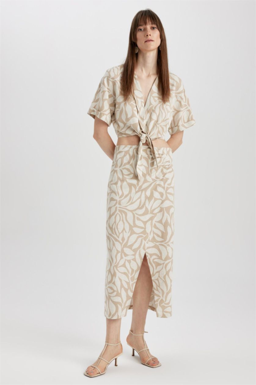 WOMAN Beige Printed Normal Waist Linen Blend Midi Skirt