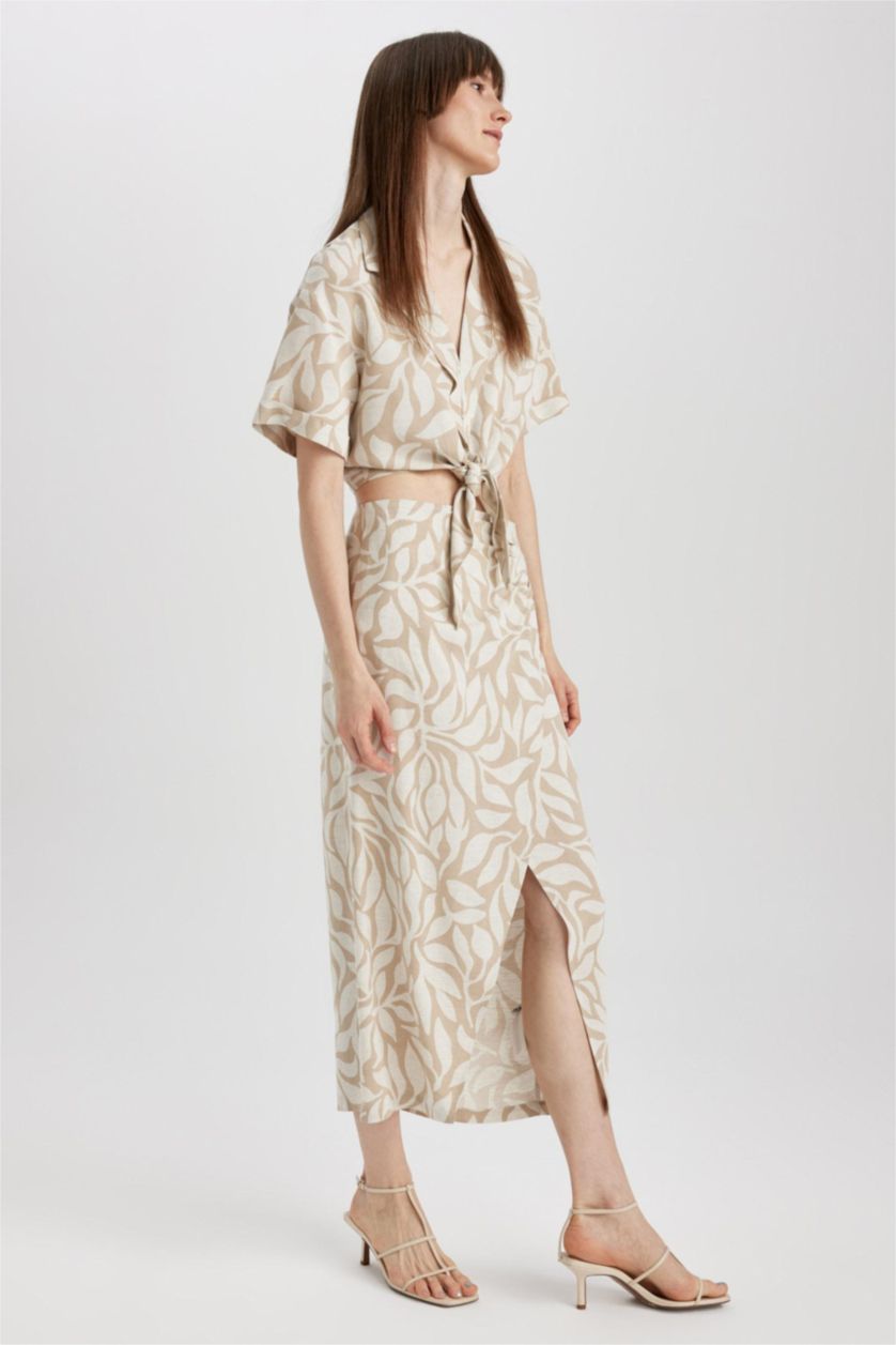 WOMAN Beige Printed Normal Waist Linen Blend Midi Skirt