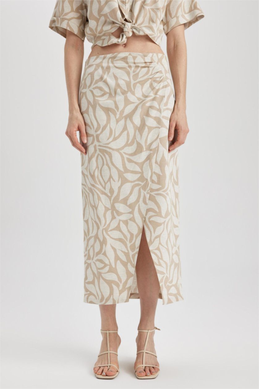 WOMAN Beige Printed Normal Waist Linen Blend Midi Skirt