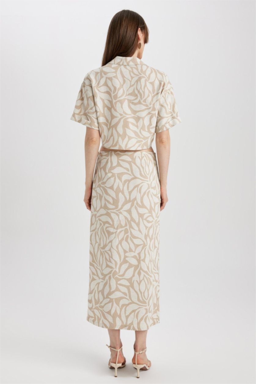 WOMAN Beige Printed Normal Waist Linen Blend Midi Skirt