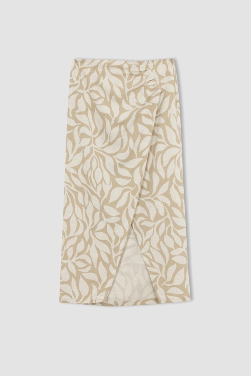 WOMAN Beige Printed Normal Waist Linen Blend Midi Skirt