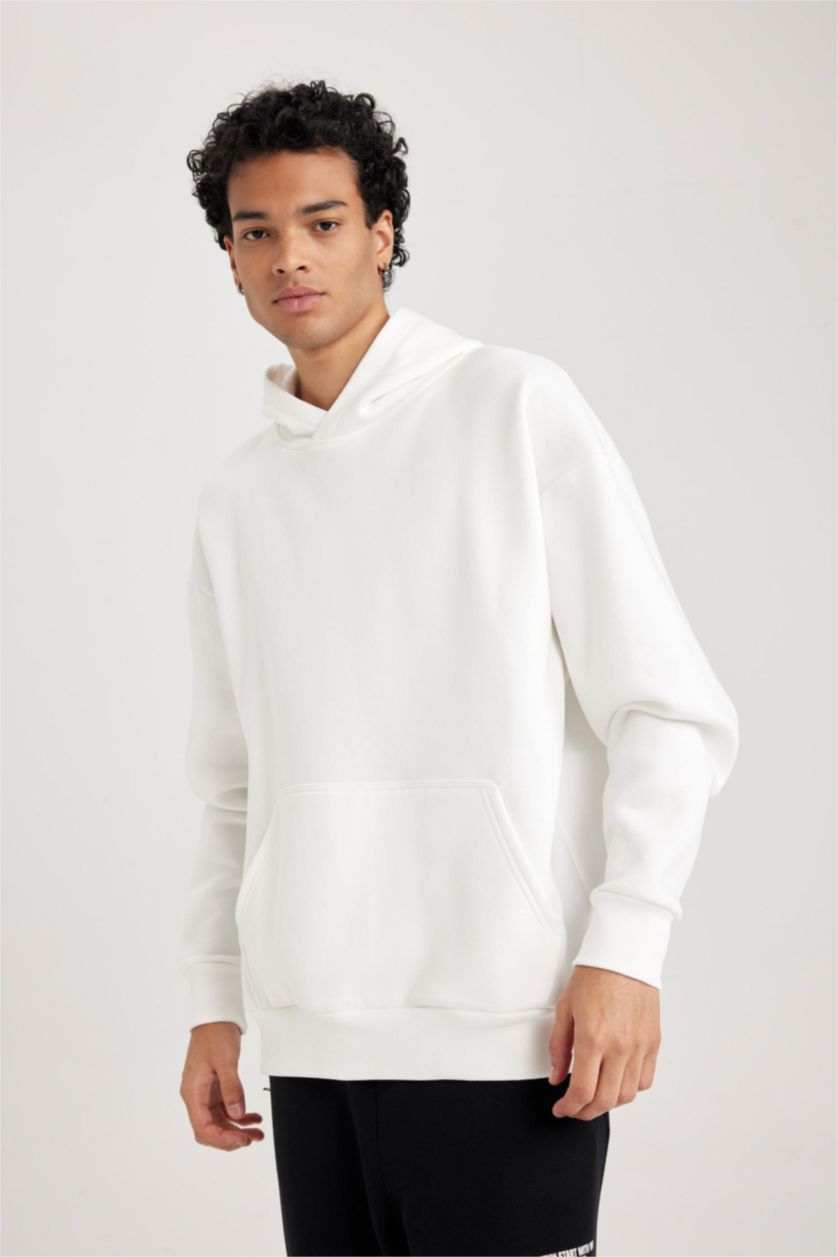 Чоловічий Бежевий Світшот оверсайз з капюшоном з кишенею-кенгуру для чоловіків