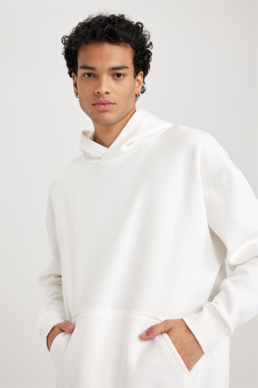 Чоловічий Бежевий Світшот оверсайз з капюшоном з кишенею-кенгуру для чоловіків