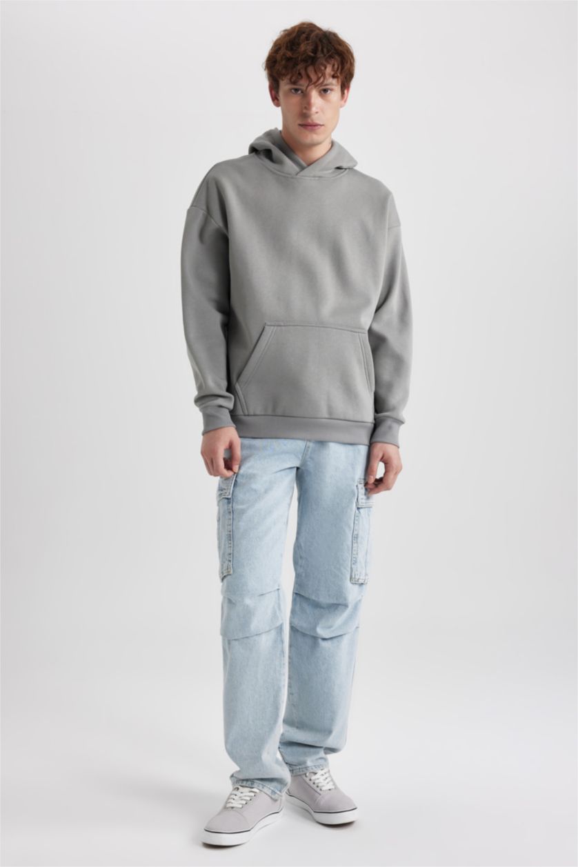 رجال رمادي سويت شيرت اوفر سايز بغطاء للرأس بجيب