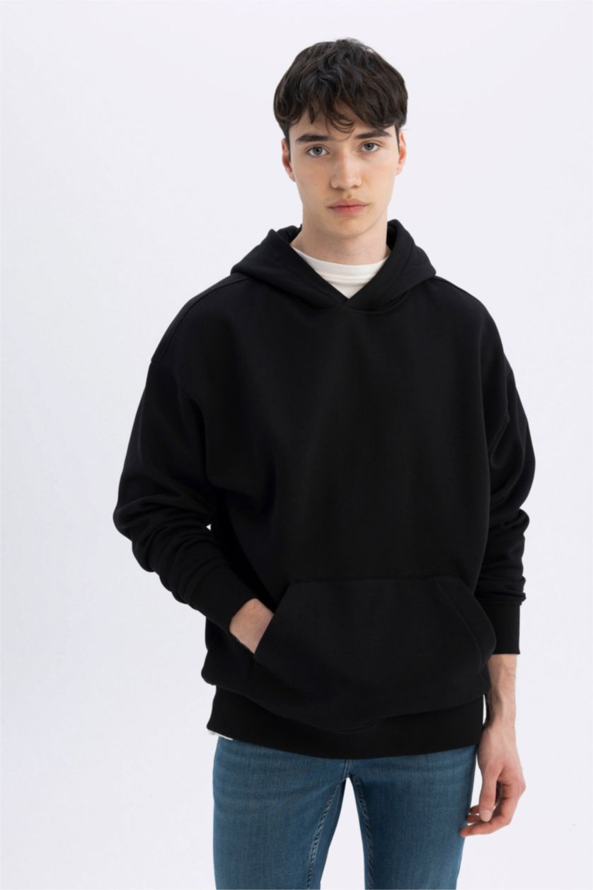 Erkek Siyah Siyah Oversize Geniş Kalıp Kapüşonlu Kanguru Cepli Basic Düz Sweatshirt
