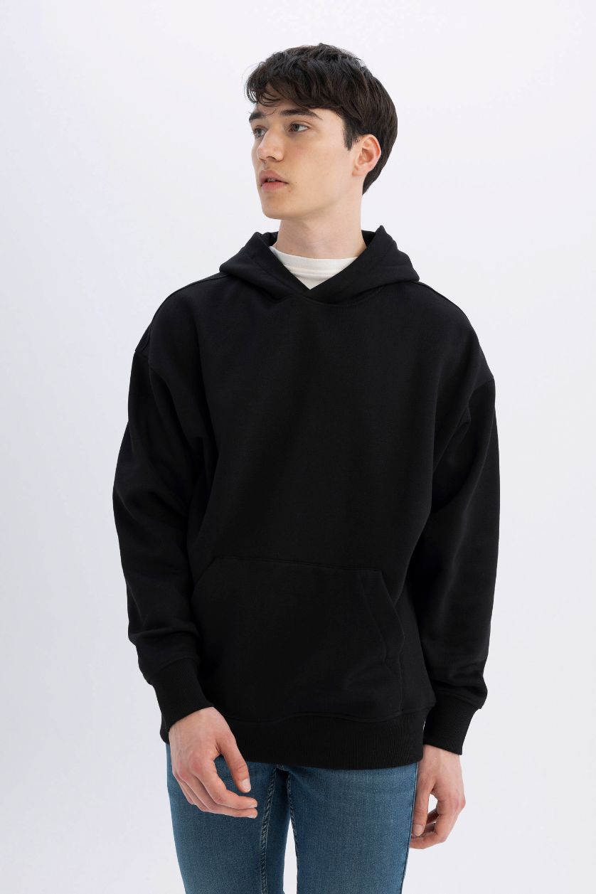 Erkek Siyah Siyah Oversize Geniş Kalıp Kapüşonlu Kanguru Cepli Basic Düz Sweatshirt