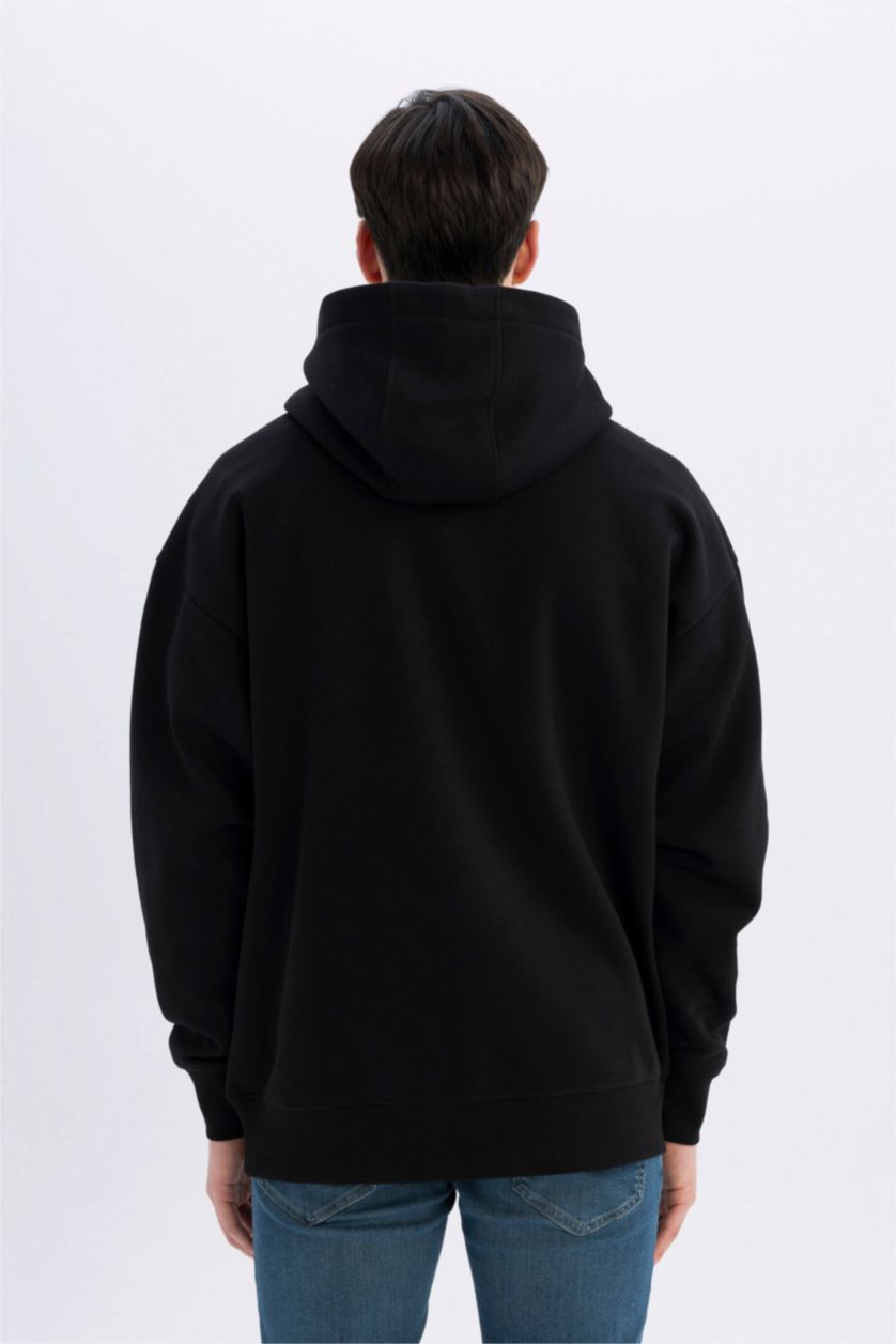 Erkek Siyah Siyah Oversize Geniş Kalıp Kapüşonlu Kanguru Cepli Basic Düz Sweatshirt