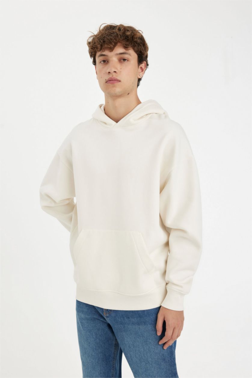 Erkek Ekru Oversize Geniş Kalıp Kapüşonlu Kanguru Cepli Basic Düz Sweatshirt