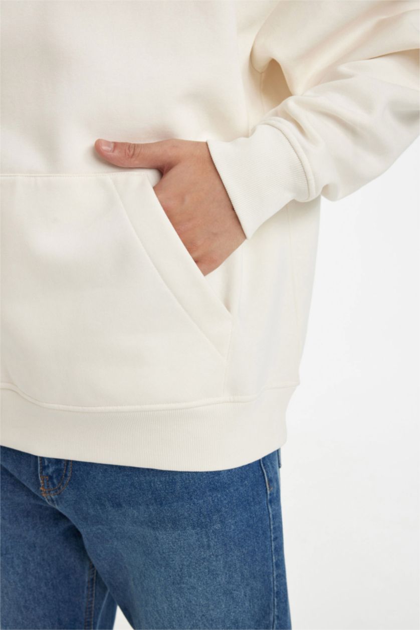 Erkek Ekru Oversize Geniş Kalıp Kapüşonlu Kanguru Cepli Basic Düz Sweatshirt
