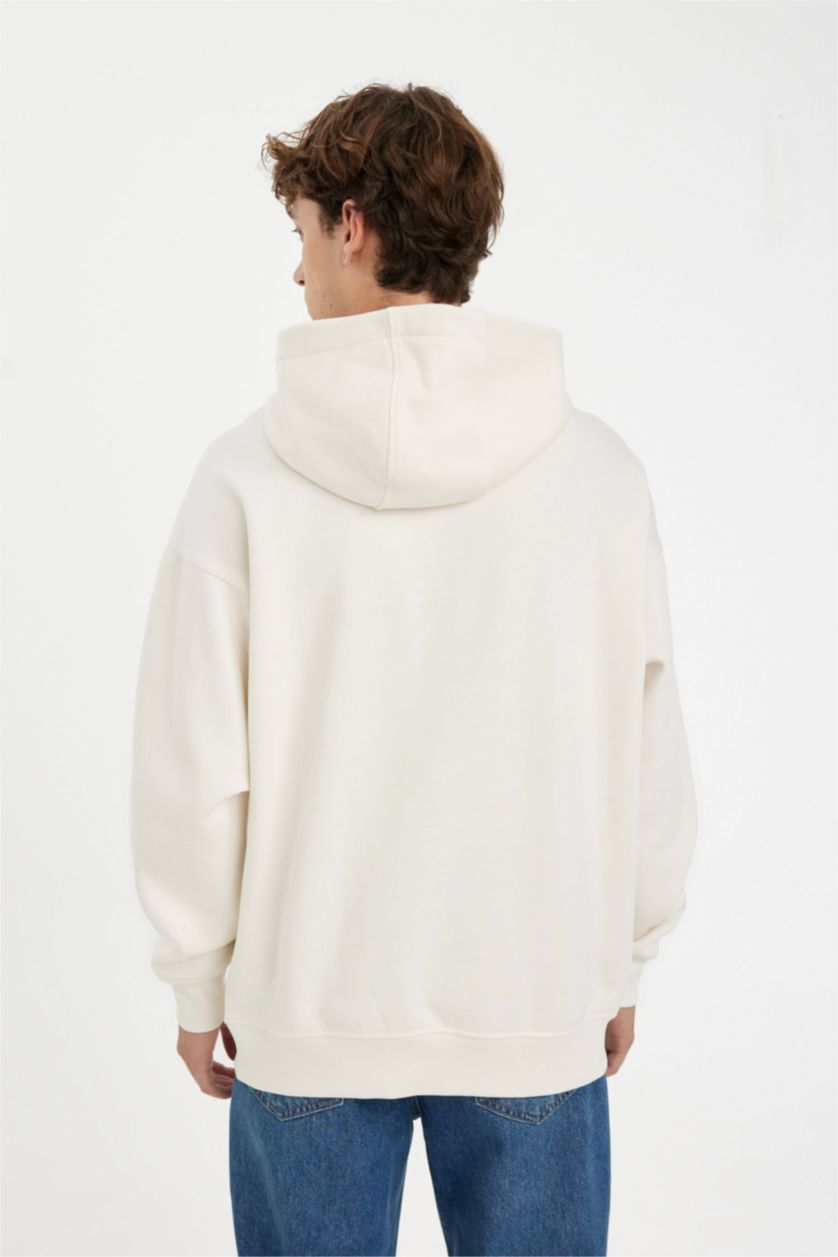Erkek Ekru Oversize Geniş Kalıp Kapüşonlu Kanguru Cepli Basic Düz Sweatshirt