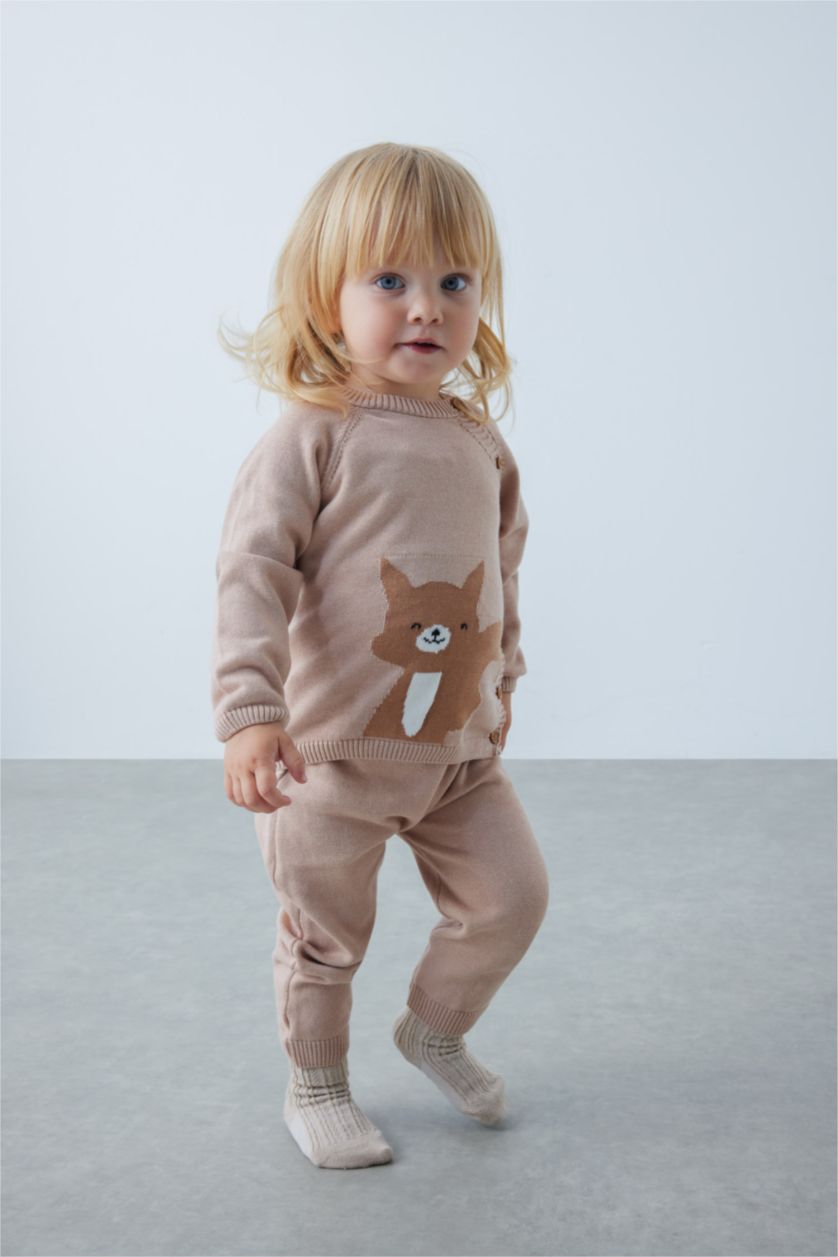 Kız Bebek Bej Kız Bebek Tilki Desenli Kazak Alt Pamuklu Triko 2'li Takım