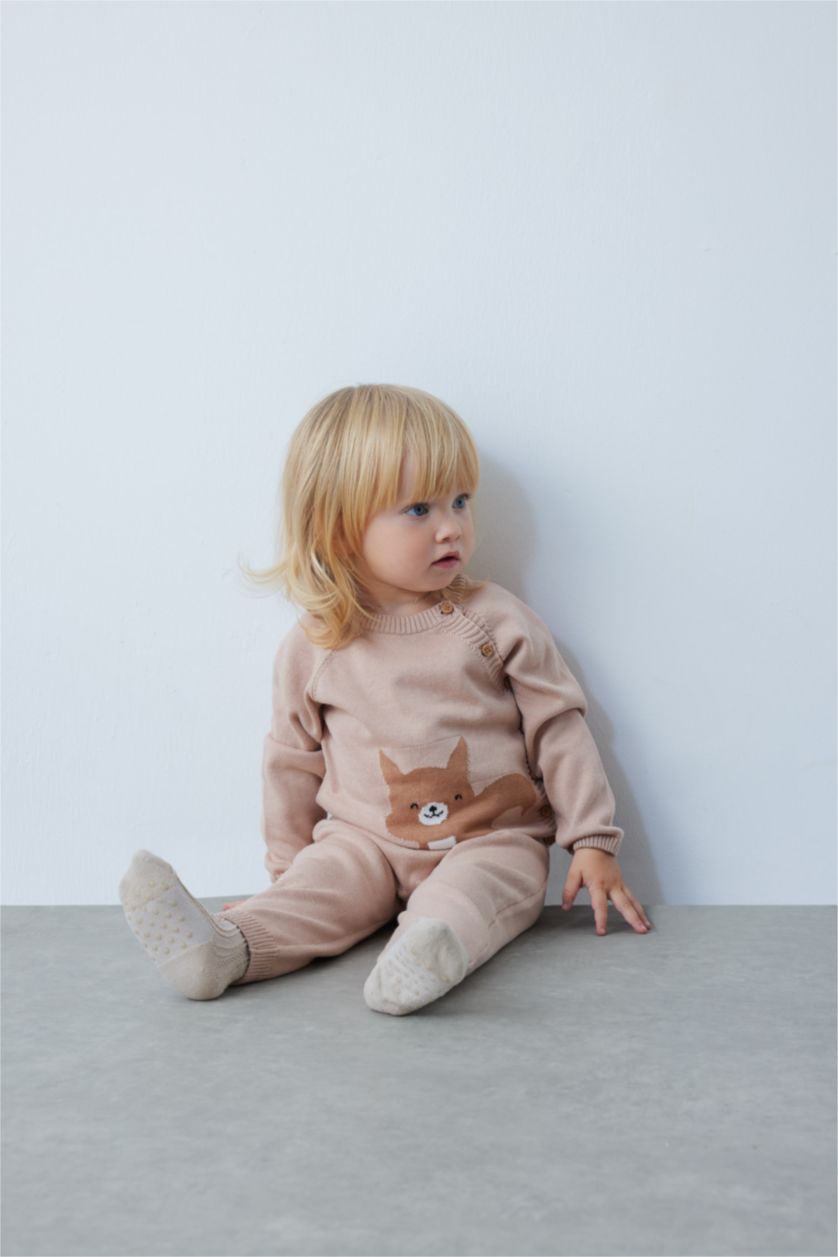 Kız Bebek Bej Kız Bebek Tilki Desenli Kazak Alt Pamuklu Triko 2'li Takım