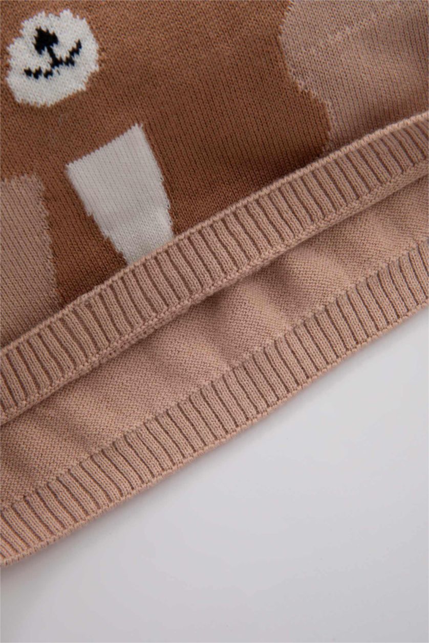 Kız Bebek Bej Kız Bebek Tilki Desenli Kazak Alt Pamuklu Triko 2'li Takım