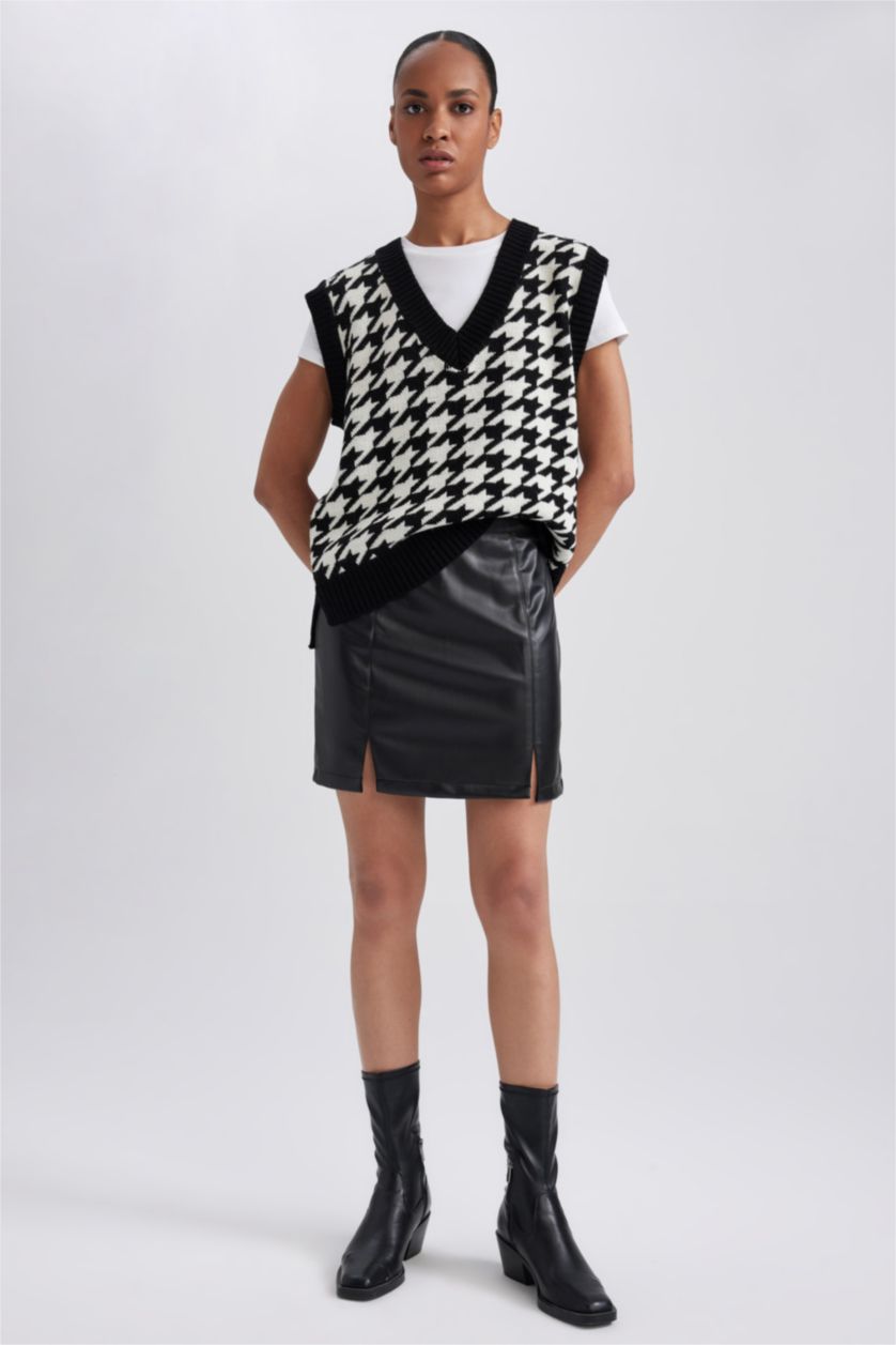WOMAN Black A Cut Normal Waist Faux Leather Mini Skirt
