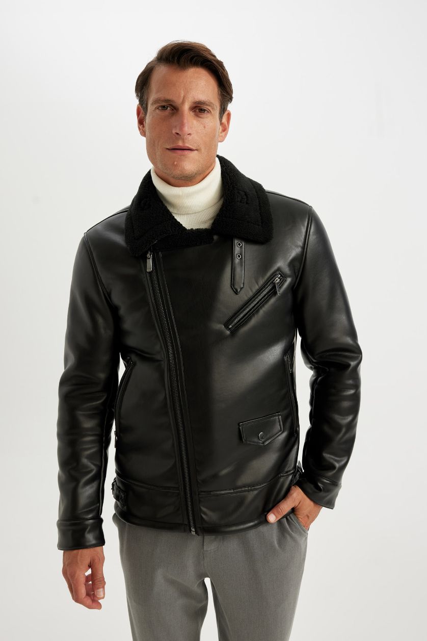 رجال أسود جاكيت جلد صناعي سليم فيت مبطن