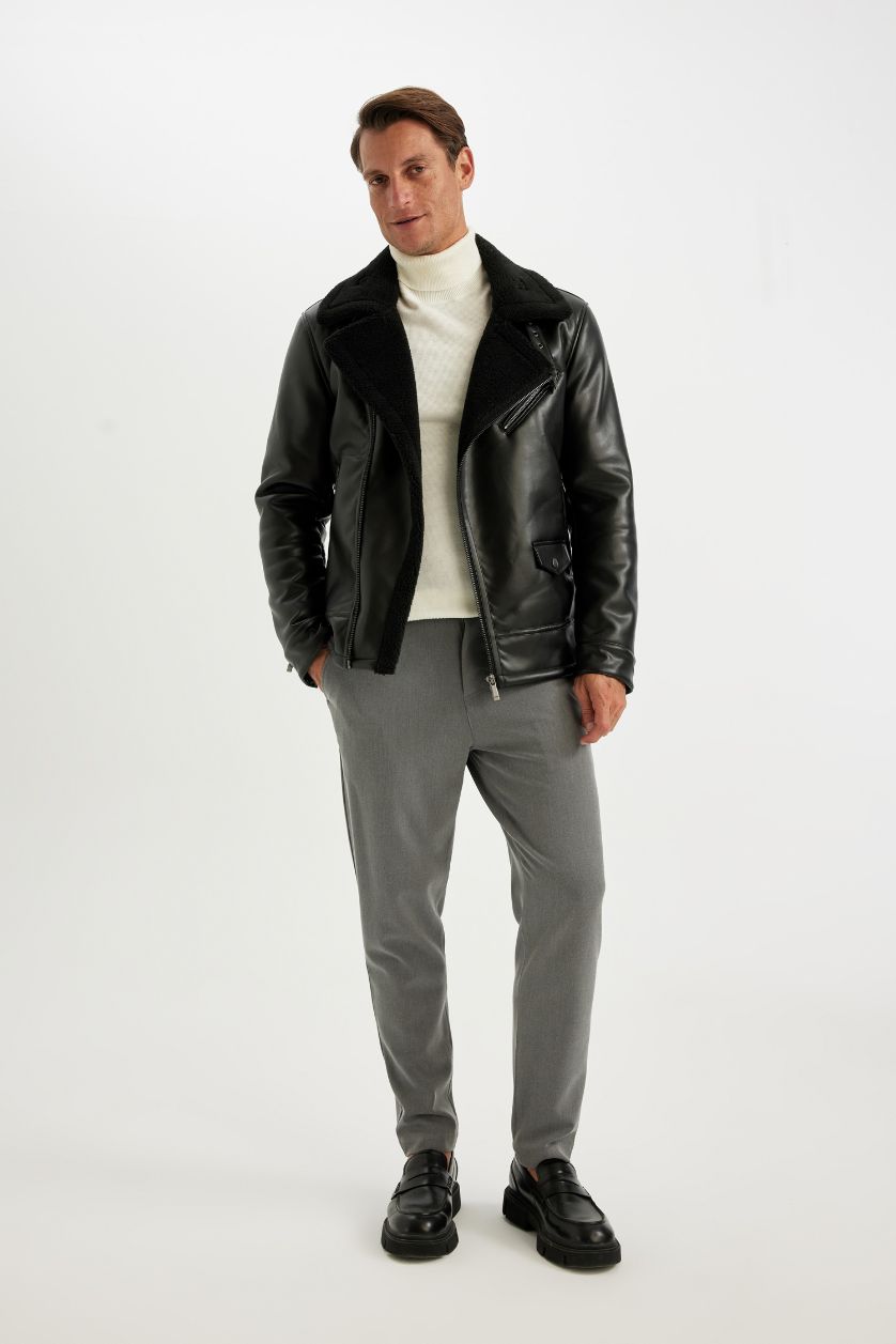 رجال أسود جاكيت جلد صناعي سليم فيت مبطن