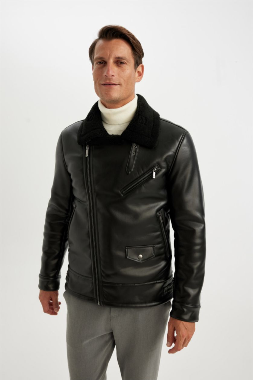 رجال أسود جاكيت جلد صناعي سليم فيت مبطن