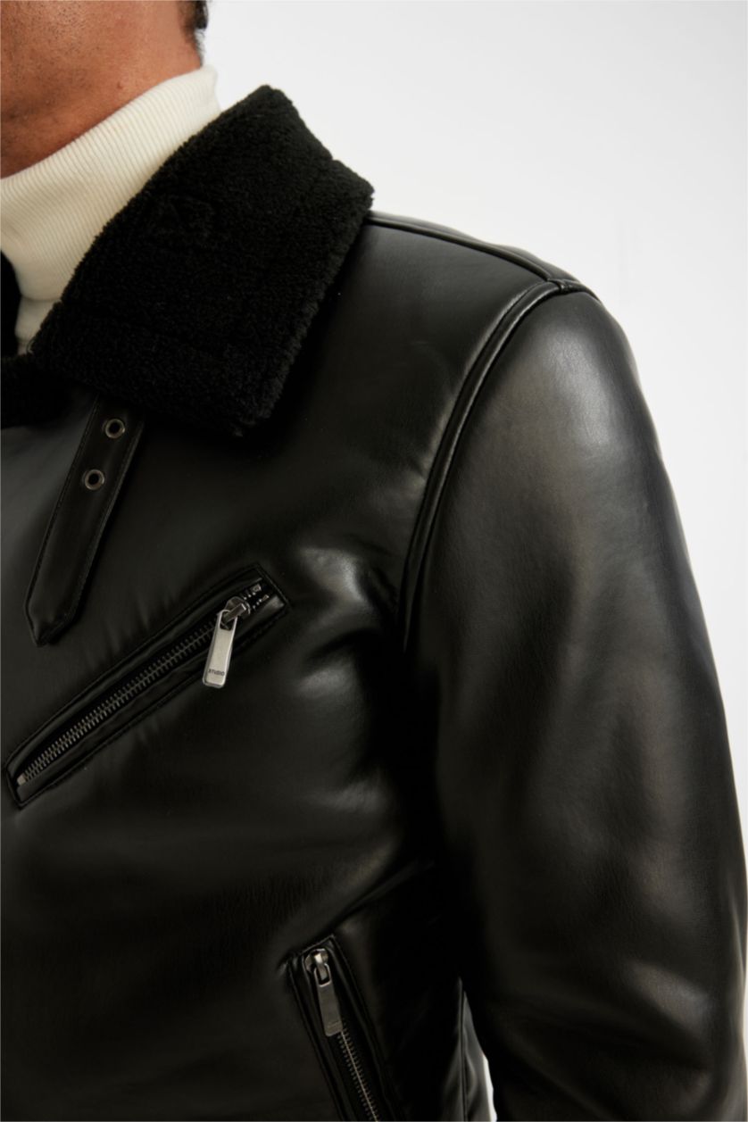 رجال أسود جاكيت جلد صناعي سليم فيت مبطن