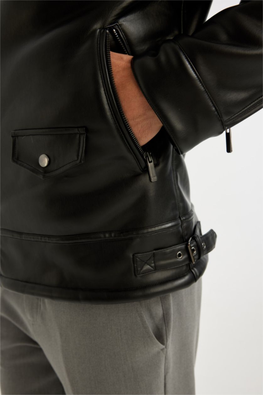 رجال أسود جاكيت جلد صناعي سليم فيت مبطن