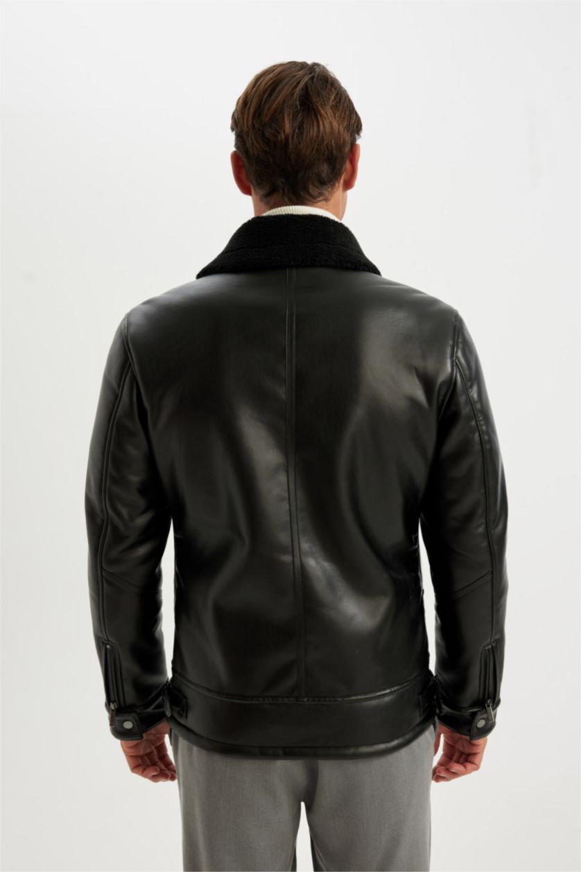 رجال أسود جاكيت جلد صناعي سليم فيت مبطن