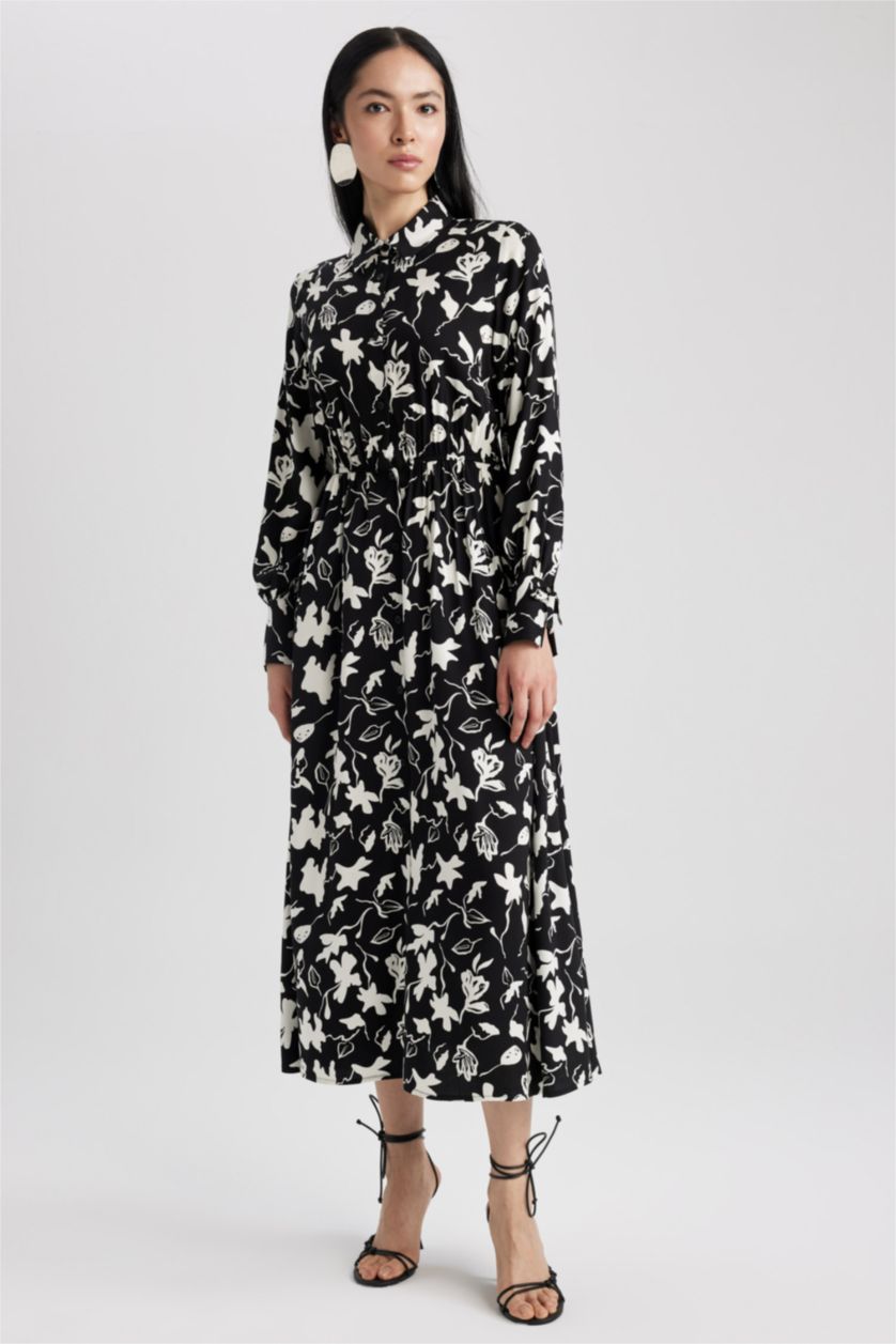 FEMME Noir Robe Imprimé Col De Chemise à Manches Longues