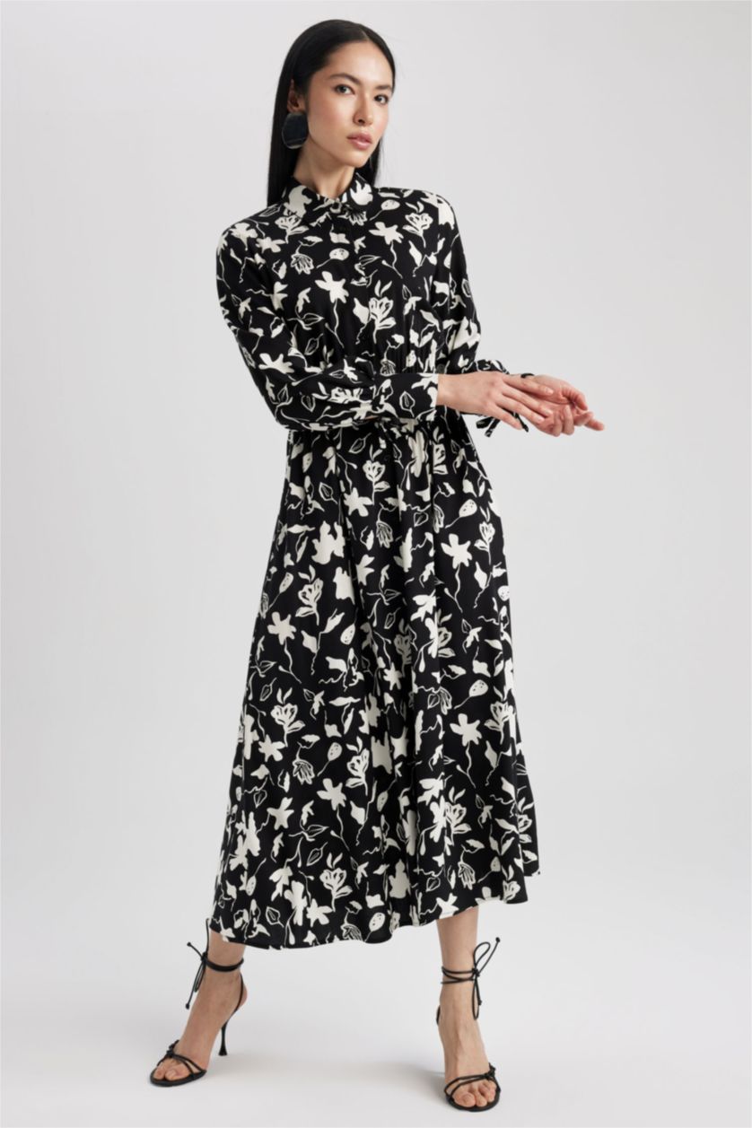 FEMME Noir Robe Imprimé Col De Chemise à Manches Longues