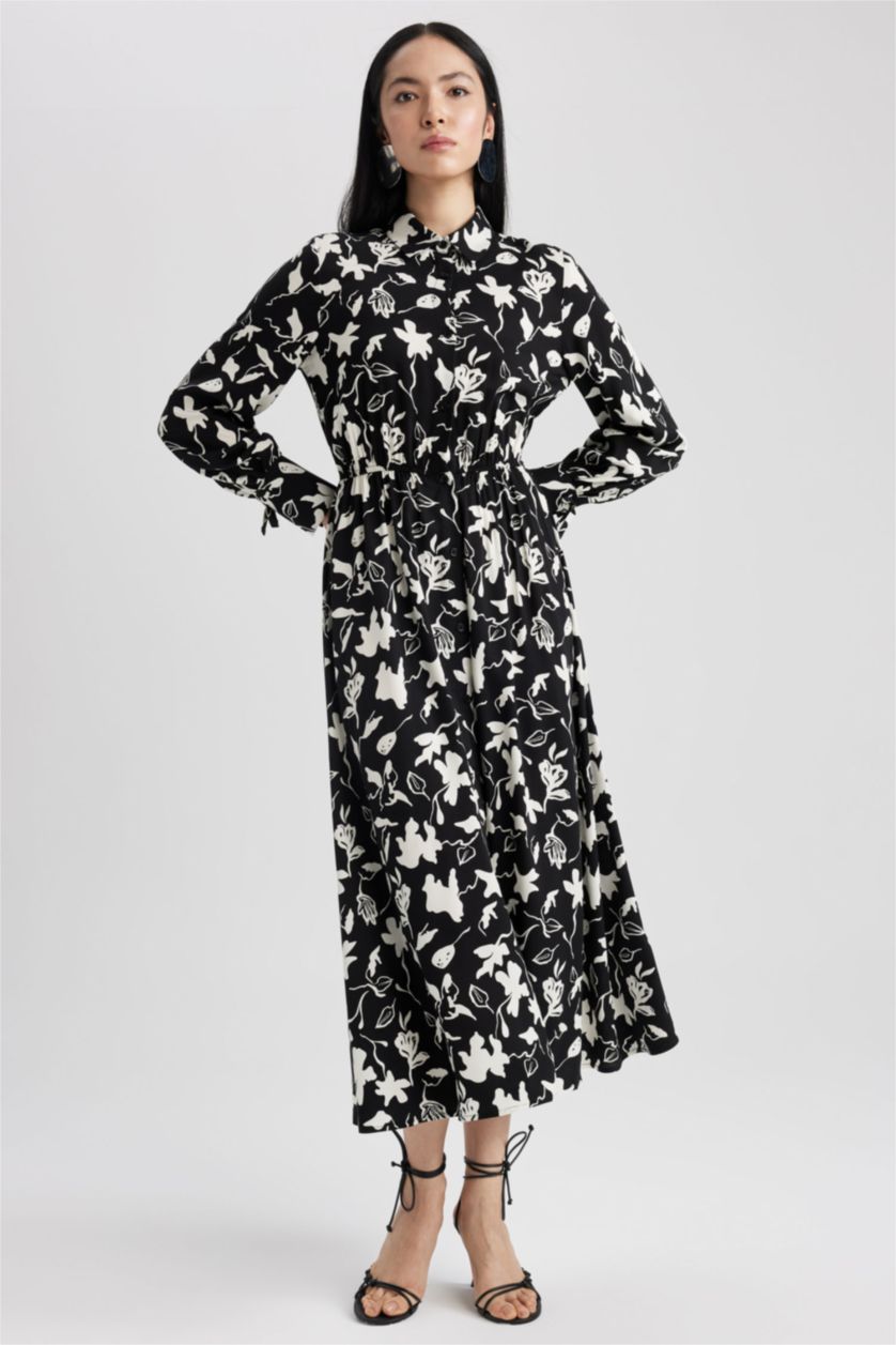 FEMME Noir Robe Imprimé Col De Chemise à Manches Longues