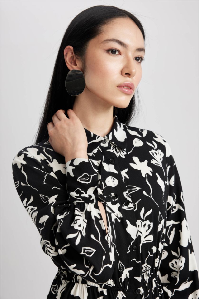 FEMME Noir Robe Imprimé Col De Chemise à Manches Longues