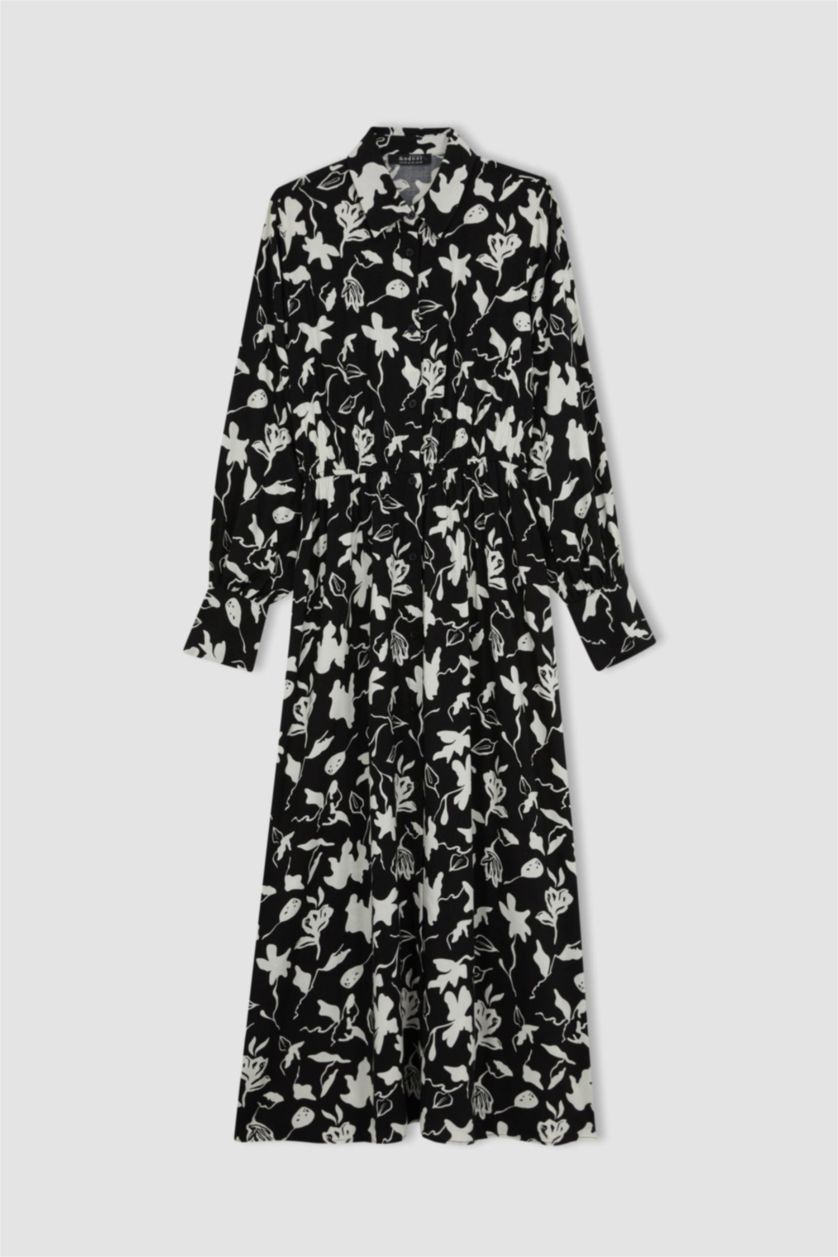 FEMME Noir Robe Imprimé Col De Chemise à Manches Longues