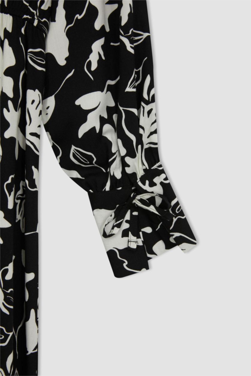 FEMME Noir Robe Imprimé Col De Chemise à Manches Longues