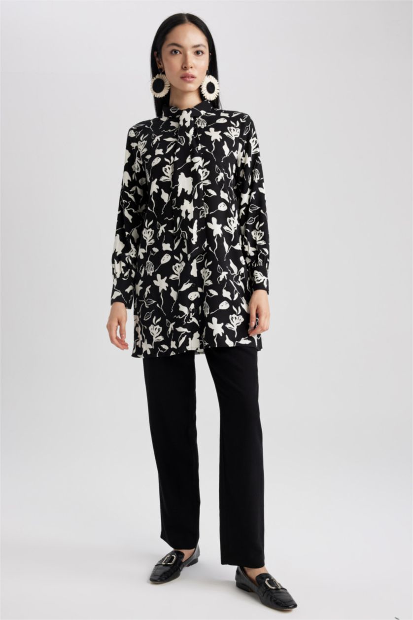 WOMAN Black Regular Fit Viscose Long Sleeve Tunic