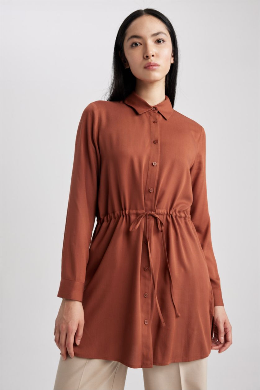 WOMAN Light Brown Regular Fit Viscose Shirt Collar Long Sleeve Tunic