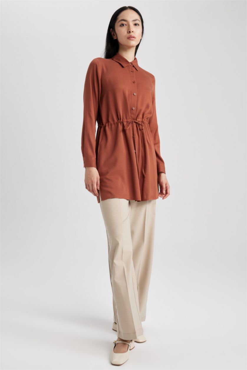 WOMAN Light Brown Regular Fit Viscose Shirt Collar Long Sleeve Tunic