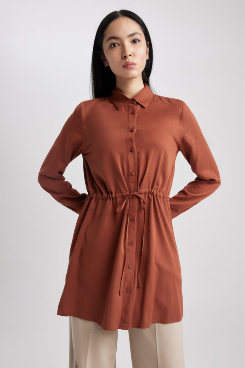 WOMAN Light Brown Regular Fit Viscose Shirt Collar Long Sleeve Tunic