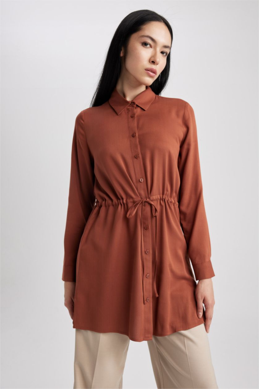 WOMAN Light Brown Regular Fit Viscose Shirt Collar Long Sleeve Tunic