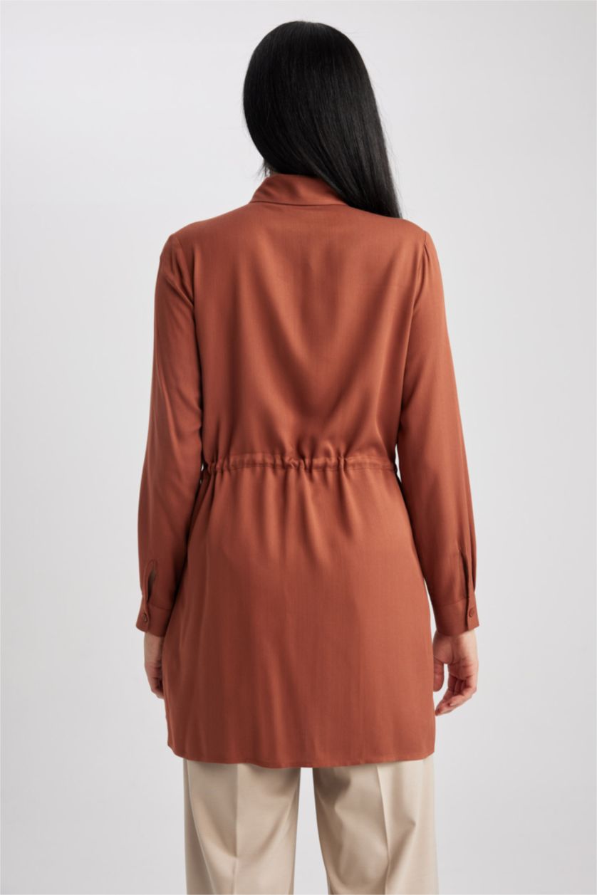 WOMAN Light Brown Regular Fit Viscose Shirt Collar Long Sleeve Tunic