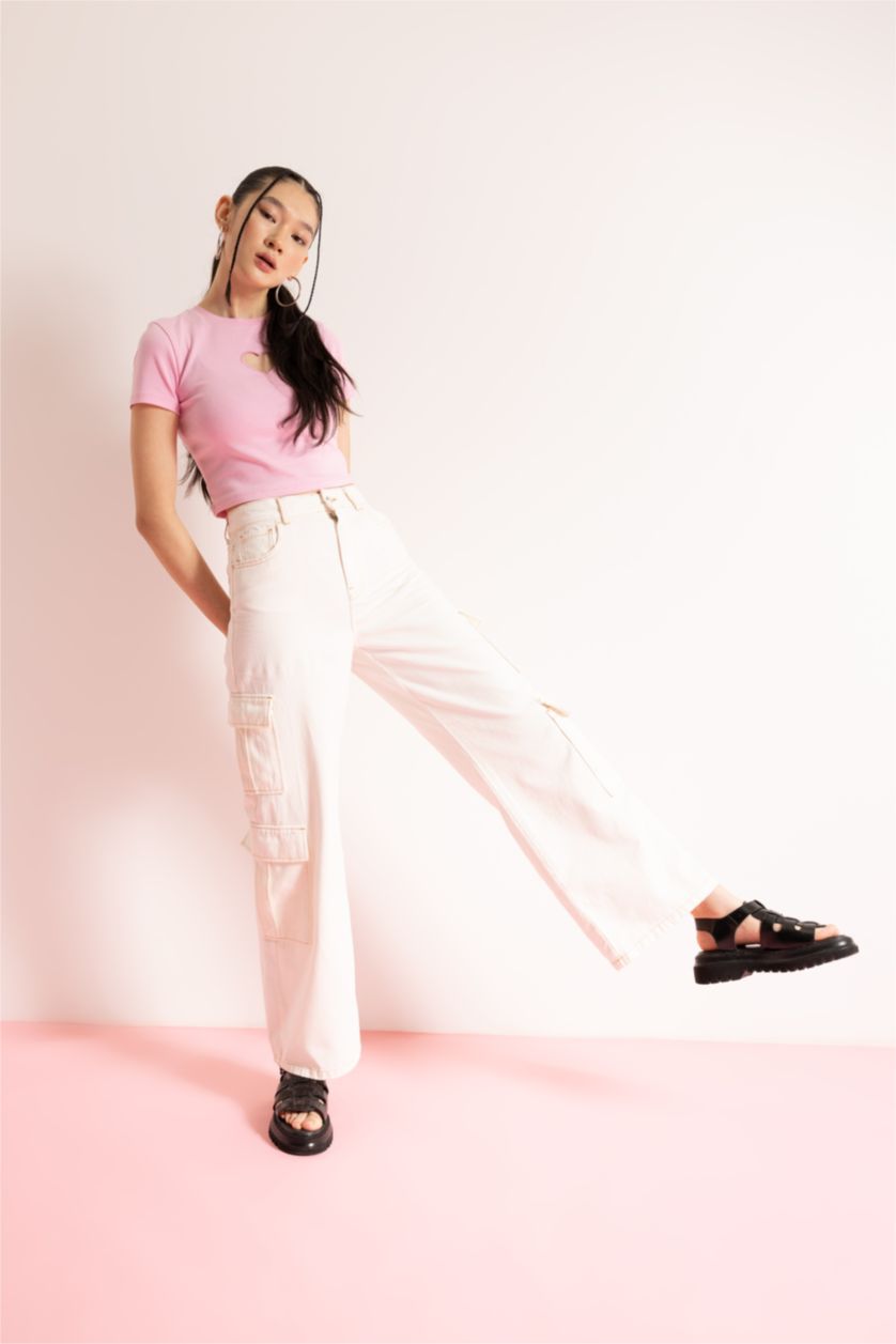 Kadın Kırık Beyaz Geniş Paça Kargo %100 Pamuk Pantolon