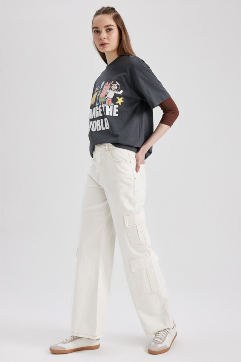 Kadın Kırık Beyaz Geniş Paça Kargo %100 Pamuk Pantolon