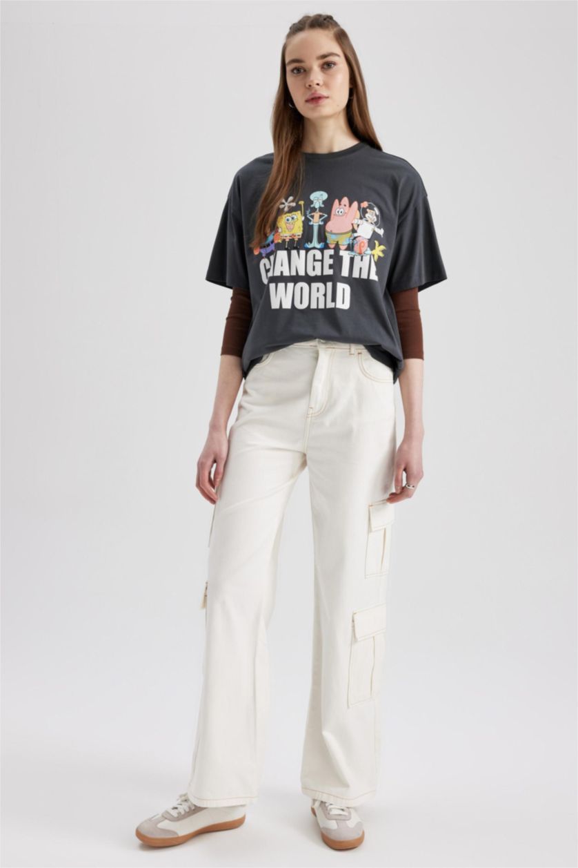 Kadın Kırık Beyaz Geniş Paça Kargo %100 Pamuk Pantolon